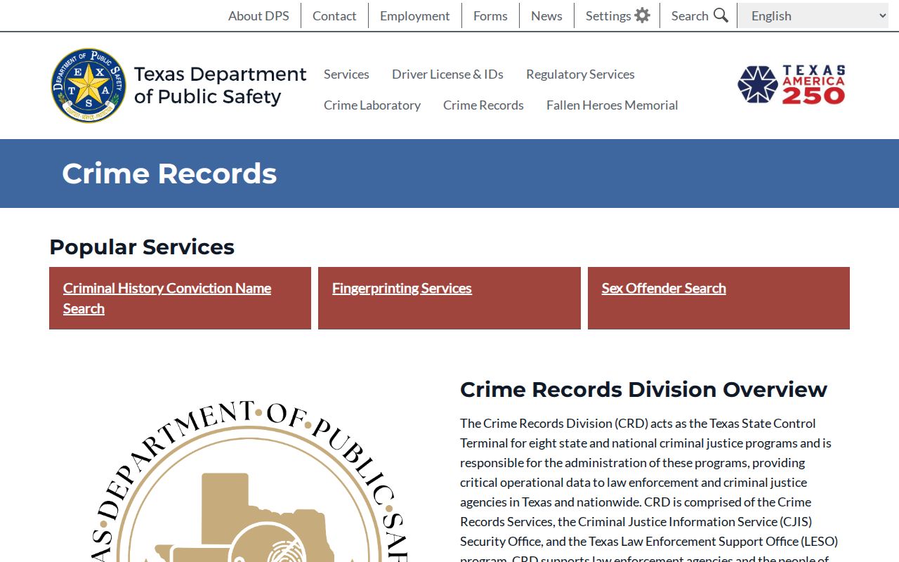 Hays County criminal history Texas DPS Crime Records services